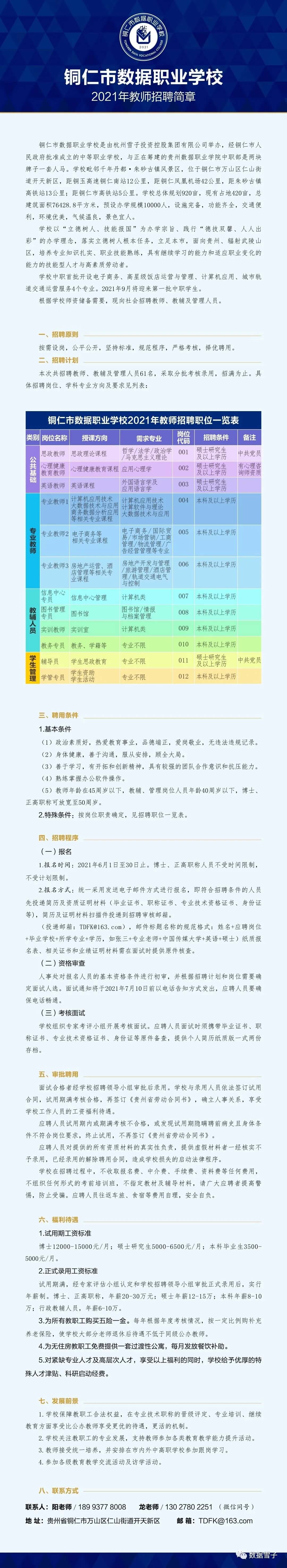 铜仁市数据职业杏耀2021年教师招聘简章